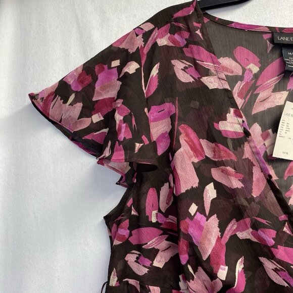 Lane Bryant Sheer V-Neck Short Flutter Sleeve Blouse Women Sz 14/16 Brown Floral - Picture 13 of 13